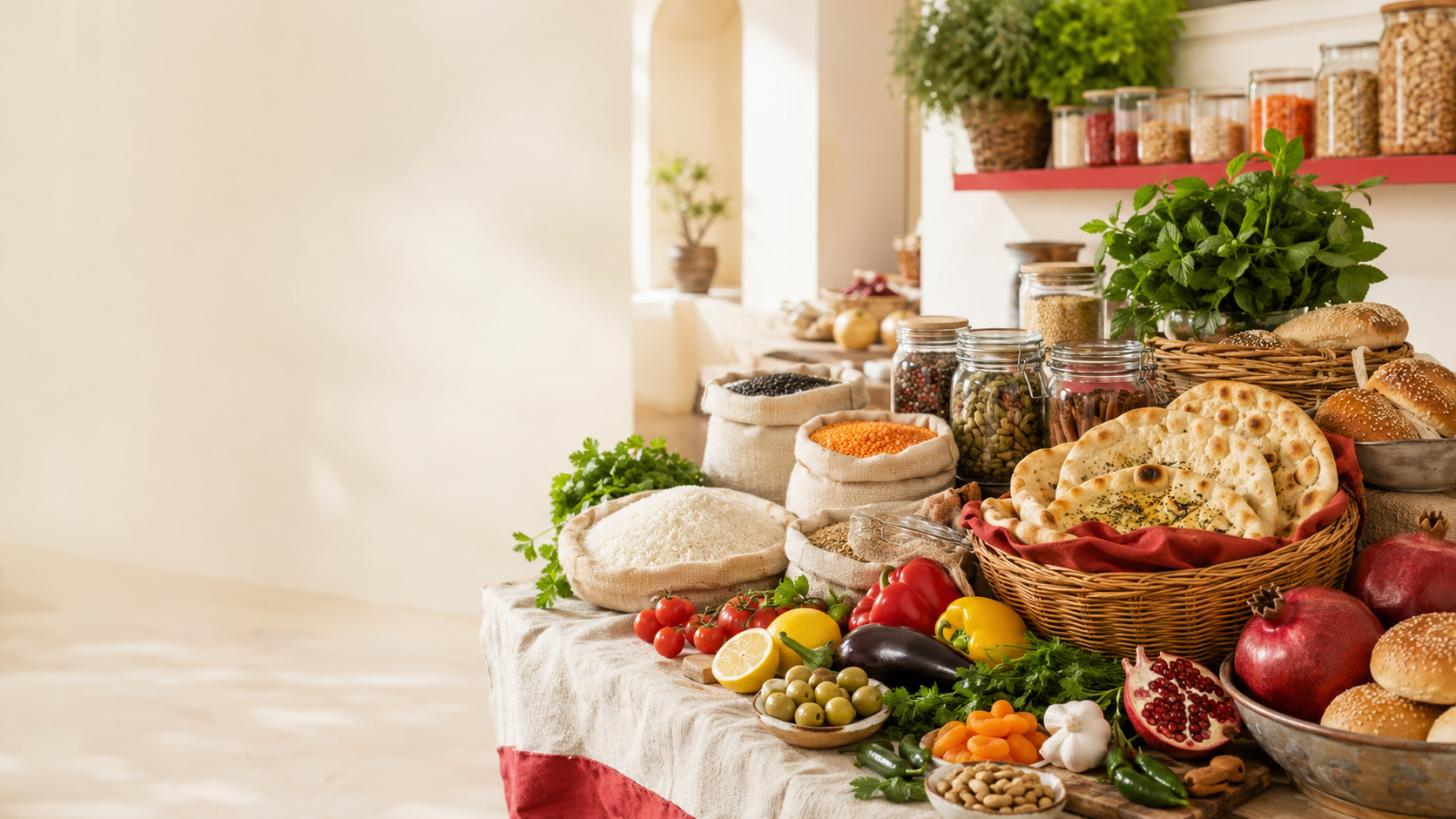 An assortment of fresh produce, breads, rice and pantry staples